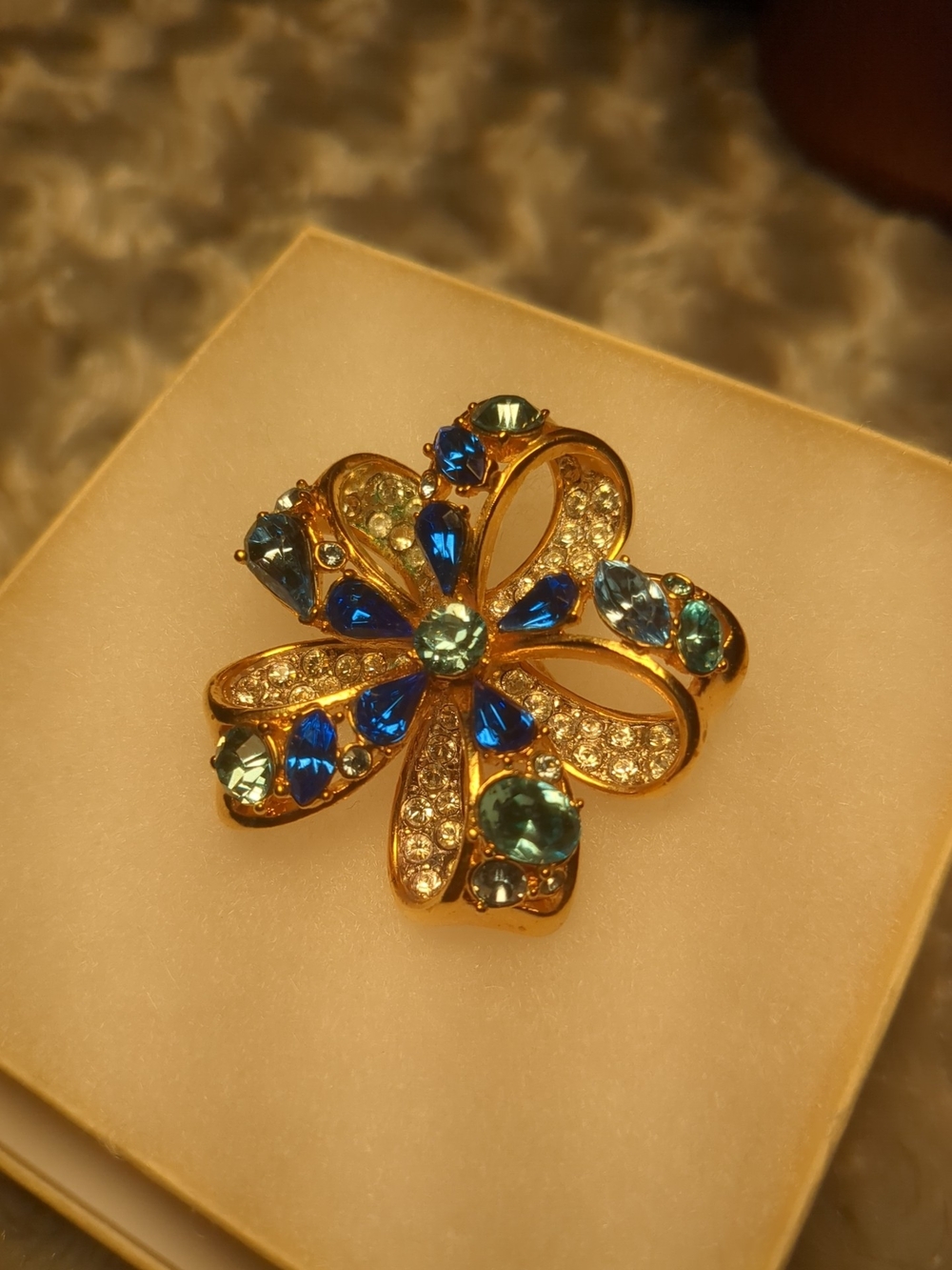 Nolan Miller Gold-Tone Blue & Teal Crystal Flower Brooch